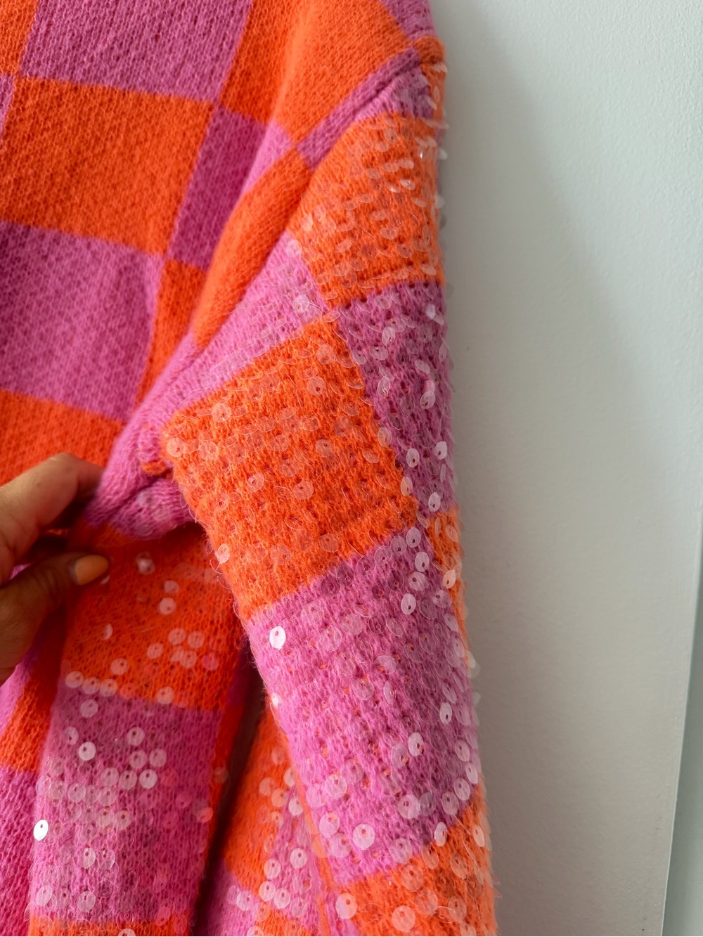 BiBi Pink Orange Checkered Sequin Oversized Cardigan Sweater Knit XL NWT Sparkle - Picture 7 of 10